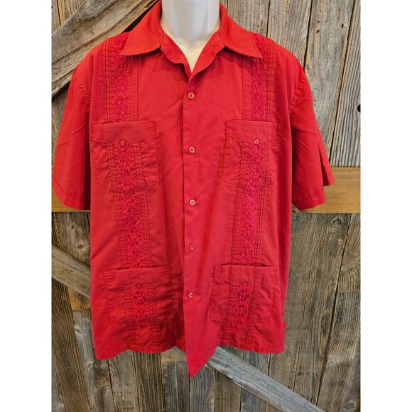 Platoon size medium cigar 4 pocket embroidered wedding beach button up red mens^ - Picture 1 of 6